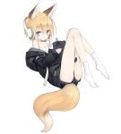  1girl :&lt; animal_ear_fluff animal_ears ass bangs bare_shoulders blonde_hair blue_eyes blush cable commentary_request eyebrows_visible_through_hair fox_ears fox_tail full_body headphones highres holding jacket knees_up kuroino_(poco) long_sleeves looking_at_viewer lying no_shoes off_shoulder on_back original poco_(asahi_age) shiratama_kitsune short_hair shorts simple_background socks solo tail white_background white_legwear 