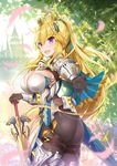  armor ass bangs black_gloves black_legwear blonde_hair blurry breasts cleavage commentary_request day depth_of_field eyebrows_visible_through_hair fantasy gloves greaves hair_between_eyes holding holding_sword holding_weapon large_breasts light_rays long_hair moeru!_arthur-ou_to_entaku_no_kishi_jiten moeru!_jiten official_art outdoors outstretched_arm pantyhose petals planted_sword planted_weapon ponytail purple_eyes sidelocks solo sunbeam sunlight sword vambraces very_long_hair weapon yaman 