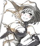  alicia_asher breasts cleavage elbow_gloves gloves hand_on_hip hat kanpani_girls large_breasts lolicept looking_to_the_side monochrome navel skull smile solo staff wind witch_hat 