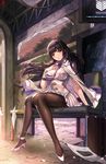  ankle_ribbon artist_logo bangs between_breasts black_hair blunt_bangs box_(hotpppink) breasts brown_legwear cable chair closed_mouth cloud commentary_request dress evening eyebrows_visible_through_hair fingerless_gloves floating_hair full_body girls_frontline gloves hand_on_own_chest hand_up large_breasts light light_particles long_hair looking_at_viewer motion_blur newspaper orange_sky outdoors pantyhose pleated_dress qbz-95_(girls_frontline) ribbon shiny shiny_clothes shoes short_dress sitting sky solo star suitcase thighband_pantyhose tree very_long_hair white_cloak white_dress white_footwear white_gloves white_ribbon wind wing_collar yellow_eyes 