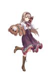  boots brown_footwear cross-laced_footwear dress dynamite elena_clay full_body hairband highres lace-up_boots light_brown_hair long_hair looking_at_viewer official_art princess_principal princess_principal_game_of_mission purple_dress purple_eyes smile solo standing standing_on_one_leg stuffed_animal stuffed_toy teddy_bear transparent_background 