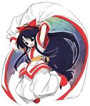  arms_up black_hair blue_eyes blush bow breasts fingerless_gloves gloves hair_bow hair_ribbon hairband long_hair low-tied_long_hair medium_breasts nakoruru red_bow ribbon samurai_spirits short_sleeves smile solo take_shinobu very_long_hair 