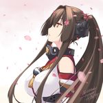  bare_shoulders breasts brown_eyes brown_hair cherry_blossoms collar detached_sleeves from_side gradient gradient_background hair_between_eyes headgear kantai_collection large_breasts long_hair looking_to_the_side looking_up petals pink_background ponytail rokuwata_tomoe solo twitter_username white_background yamato_(kantai_collection) z_flag 