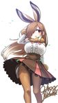  animal_ears artist_name blush bow bowtie brown_eyes brown_hair brown_legwear brown_skirt bunny_ears bunny_tail commentary_request dated european_hare_(kemono_friends) extra_ears floating_hair frilled_shirt frilled_skirt frills fur-trimmed_sleeves fur_collar fur_trim hair_over_one_eye hand_behind_head highres kemono_friends long_hair looking_to_the_side pantyhose red_bow red_neckwear shirt signature simple_background skirt solo tail thighband_pantyhose very_long_hair white_background white_shirt yoshida_hideyuki 