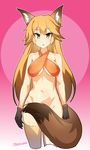  :o animal_ears arms_at_sides artist_name bare_arms bare_shoulders blonde_hair bottomless breasts brown_hair cowboy_shot criss-cross_halter cropped_legs eyebrows_visible_through_hair ezo_red_fox_(kemono_friends) fox_ears fox_tail gradient gradient_background gradient_hair halterneck highres kemono_friends long_hair looking_at_viewer medium_breasts multicolored_hair navel open_mouth pink_background shiny shiny_skin solo standing stomach tail tail_censor thighhighs tilt-shift tsurime underboob yellow_eyes yellow_legwear 