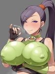  blush breasts dragon_quest dragon_quest_xi erect_nipples large_breasts martina_(dq11) naughty_face ponytail purple_eyes purple_hair qlinicx 