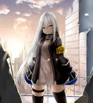  armband arms_at_sides bangs black_coat black_legwear blue_eyes brick_wall chixiao city cityscape cloud cloudy_sky cowboy_shot dress expressionless hair_between_eyes high_collar highres leg_garter legs_apart lens_flare long_hair long_sleeves looking_at_viewer original railing ribbed_dress short_dress sky solo standing thighhighs white_dress white_hair wide_sleeves 