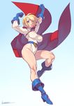  ;d arms_up bangs belt blonde_hair blue_eyes blue_gloves boots breasts cape day dc_comics flying gloves highleg highleg_leotard highres kotatsu_(g-rough) large_breasts leotard looking_at_viewer muscle muscular_female one_eye_closed open_mouth outdoors power_girl red_cape short_hair signature sky smile superhero v-shaped_eyebrows white_leotard 