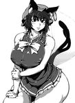  1girl animal_ears bare_shoulders blush breasts cat_ears cat_tail chen curvy hat huge_breasts ichigo_kotou looking_at_viewer parted_lips plump smile solo squatting tail thick_thighs touhou wide_hips 