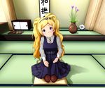  blonde_hair blush commentary_request emily_stewart highres idolmaster idolmaster_million_live! indoors long_hair looking_at_viewer masashi-san necktie purple_eyes seiza sitting smile solo tatami twintails 