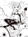  :d bat_wings belt boa_(brianoa) boots bra bracelet choker commentary creature crossed_legs demon_girl demon_tail disgaea disgaea_d2 earrings etna greyscale highres jewelry looking_at_viewer makai_senki_disgaea midriff miniskirt monochrome open_mouth pointy_ears prinny short_hair sitting sitting_on_person sketch skirt skull_earrings smile spiked_hair tail thigh_boots thighhighs twintails underwear wings 