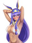  absurdres animal_ears armpits arms_behind_head blush breasts collar_grab dark_skin earrings egyptian egyptian_clothes eyeliner facial_mark fang fate/grand_order fate_(series) hair_tubes hairband highres hoop_earrings jackal_ears jewelry large_breasts long_hair looking_at_viewer makeup navel nipples nitocris_(fate/grand_order) nose_blush open_mouth out-of-frame_censoring purple_eyes purple_hair see-through sidelocks simple_background solo tomoka very_long_hair white_background 