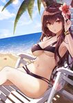  bangs beach bikini black_bikini bracelet breasts chair commentary_request crossed_legs day eyebrows_visible_through_hair fate/grand_order fate_(series) flower hair_between_eyes hair_flower hair_ornament hand_on_hip horizon jewelry kim_eb large_breasts lens_flare long_hair looking_at_viewer lounge_chair navel outdoors palm_tree parted_lips purple_eyes purple_flower purple_hair scathach_(fate)_(all) scathach_(fate/grand_order) sitting solo starfish swimsuit thighs tree tsurime underboob 