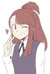  ;d bangs black_ribbon blunt_bangs blush brown_hair collared_shirt dress grin hand_up kagari_atsuko little_witch_academia long_hair long_sleeves looking_at_viewer luna_nova_school_uniform one_eye_closed open_mouth orinpachu pinafore_dress red_eyes ribbon shirt simple_background sketch smile solo tareme topknot upper_body v v-shaped_eyebrows white_background white_shirt wing_collar 