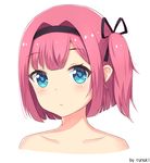  :/ artist_name bangs bare_shoulders black_ribbon blue_eyes blunt_bangs blush closed_mouth collarbone expressionless eyebrows_visible_through_hair face hair_intakes hair_ribbon looking_at_viewer mochizuki_momiji new_game! one_side_up pink_hair portrait ribbon rumaki shiny shiny_hair simple_background solo tareme white_background 