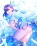  ass blue_eyes bow fate/grand_order fate_(series) feathers flat_chest hair_bow leaning_forward long_hair long_sleeves looking_at_viewer meltlilith midriff moe_(hamhamham) navel purple_hair solo standing thighhighs white_feathers 
