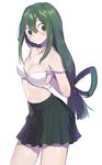  :&gt; absurdres areola_slip areolae arms_behind_back asui_tsuyu blush boku_no_hero_academia bra breasts cleavage closed_mouth cowboy_shot dressing green_eyes green_hair green_skirt hair_rings highres long_hair looking_at_viewer low-tied_long_hair medium_breasts navel pleated_skirt simple_background skirt solo underwear untied_bra very_long_hair white_background white_bra yangzhi_shi 