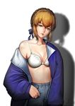  artoria_pendragon_(all) blonde_hair blue_bow bow bra breasts cleavage collarbone denim eyebrows_visible_through_hair fate/stay_night fate_(series) green_eyes hair_bow highres jeans joe_(j_studio) looking_at_viewer medium_breasts pants parted_lips saber short_hair signature solo underwear white_bra 