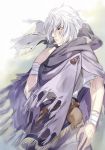  1boy bandage bracelet cloak gloves hair_over_one_eye jewelry oboro_keisuke octopath_traveler scarf short_hair simple_background smile solo therion_(octopath_traveler) white_hair 