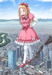  blonde_hair bow brown_eyes building city cityscape cloud commentary_request day destruction drill_hair eromanga_sensei giantess hair_bow hands_on_hips highres lolita_fashion long_hair mary_janes outdoors pantyhose pointy_ears puffy_short_sleeves puffy_sleeves red_bow red_footwear shoes short_sleeves sky smile solo terada_ochiko twin_drills white_legwear yamada_elf 