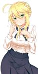  ahoge artoria_pendragon_(all) artoria_pendragon_(lancer) blonde_hair blue_neckwear blue_ribbon blue_skirt blush braid breasts chawan_(yultutari) commentary_request contrapposto cosplay eyebrows_visible_through_hair eyes_visible_through_hair fate/grand_order fate/stay_night fate_(series) flying_sweatdrops green_eyes hair_between_eyes head_tilt highres long_hair long_sleeves looking_at_viewer medium_breasts neck_ribbon ribbon saber saber_(cosplay) shirt sidelocks simple_background skirt solo standing sweat white_background white_shirt 