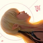  backlighting bangs beige_background blonde_hair blunt_bangs close-up closed_eyes eyelashes hair_ribbon highres justin_leyva_(steamy_tomato) kiss-shot_acerola-orion_heart-under-blade kizumonogatari monogatari_(series) parted_lips pointy_ears portrait profile ribbon sideways signature solo straight_hair 