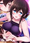  black_hair blue_eyes blush breasts commentary_request covered_nipples heart highres idolmaster idolmaster_cinderella_girls idolmaster_cinderella_girls_starlight_stage jewel_(the_black_canvas) large_breasts long_hair looking_at_viewer sagisawa_fumika saliva sexually_suggestive sideboob solo_focus spoken_heart sucking_male_nipple swimsuit tied_hair 