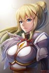  blonde_hair blue_eyes breasts closed_mouth commentary darkness_(konosuba) eyebrows_visible_through_hair hair_between_eyes hair_ornament highres kono_subarashii_sekai_ni_shukufuku_wo! large_breasts long_hair looking_at_viewer matokechi ponytail solo upper_body x_hair_ornament 