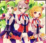  :d bare_shoulders black_eyes blonde_hair braid chromatic_aberration crown_braid don_(macaron_panda13) drill_hair falulu forehead_jewel french_braid green_eyes green_hair hair_between_eyes hat headphones heart highres idol long_hair looking_at_viewer midorikaze_fuwari mini_hat mini_top_hat multiple_girls open_mouth pretty_(series) pripara purple_eyes shikyouin_hibiki short_hair shorts silver_hair smile top_hat twintails very_long_hair 