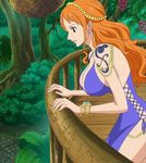  1girl bare_shoulders blue_dress bracelet breasts brown_eyes cleavage curvy dress earring jewelry large_breasts long_hair nami_(one_piece) one_piece orange_hair parted_lips screencap solo tagme tattoo trees 