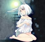  animal_ears bare_shoulders bunny_ears bunny_tail food hisato_ar mouth_hold off_shoulder original red_eyes short_hair shorts sitting solo tail tsukimi wagashi wariza 