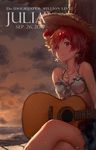  absurdres acoustic_guitar bare_arms bare_shoulders blue_eyes blush breasts brown_hat character_name cleavage closed_mouth cloud cloudy_sky collarbone commentary copyright_name crossed_legs dated earrings flower frilled_bikini_top front-tie_bikini front-tie_top guitar hat hibiscus highres horizon idolmaster idolmaster_million_live! instrument jewelry julia_(idolmaster) madogiwa_(ran5) medium_breasts necklace ocean outdoors pendant red_hair short_hair sitting sketch sky solo straw_hat tareme thighs twilight white_bikini_top 