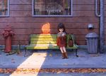  autumn_leaves bag bench bookshelf boots bottle brown_footwear brown_hair closed_eyes closed_mouth day english fire_hydrant full_body hairband highres holding hoshino_sumire ladder outdoors perman_(series) short_hair silhouette sitting smile suwa_mitsuo trash_can window wiruro 
