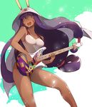  :d animal_ears bare_shoulders bass_guitar blue_eyes blush breasts cleavage dark_skin fate_(series) guitar instrument jackal_ears long_hair looking_at_viewer medium_breasts nitocris_(fate/grand_order) nitocris_(swimsuit_assassin)_(fate) one-piece_swimsuit open_mouth purple_hair smile solo swimsuit teeth tokiwa_midori_(kyokutou_funamushi) white_swimsuit 