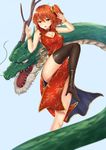  absurdres alternate_costume black_legwear breasts china_dress chinese_clothes cleavage dragon dress eastern_dragon fate/grand_order fate_(series) fujimaru_ritsuka_(female) high_heels highres horns medium_breasts open_mouth orange_eyes orange_hair phano_(125042) side_ponytail side_slit solo standing standing_on_one_leg teeth thighhighs thighs whiskers wristband 