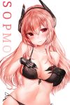  1girl bangs bikini black_bikini blush breasts character_name closed_mouth collarbone commentary eyebrows_visible_through_hair girls_frontline gloves groin hair_between_eyes hands_on_own_breasts headgear highres large_breasts long_hair looking_at_viewer m4_sopmod_ii_(girls_frontline) mechanical_arm multicolored_hair navel painteen pink_hair red_eyes red_hair side-tie_bikini sidelocks simple_background single_glove smile solo stomach streaked_hair swimsuit white_background 