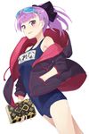  :d book breasts commentary_request dutch_angle fate/grand_order fate_(series) hayashi_kewi helena_blavatsky_(fate/grand_order) helena_blavatsky_(swimsuit_archer)_(fate) jacket looking_at_viewer name_tag old_school_swimsuit one-piece_swimsuit open_mouth ponytail purple_eyes purple_hair school_swimsuit short_hair simple_background small_breasts smile solo swimsuit swimsuit_under_clothes white_background 