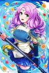  armor breastplate fire_emblem fire_emblem:_rekka_no_ken floral_background florina green_eyes holding holding_spear holding_weapon long_hair looking_at_viewer open_mouth pauldrons polearm purple_hair ringozaka_mariko skirt smile solo spear thighhighs wavy_hair weapon 