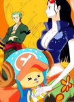  big_hat black_hair blue_eyes breasts cleavage folded_arms green_clothes green_hair large_breasts leather_vest long_hair nico_robin one_piece reindeer roronoa_zoro short_hair skirt smile sunglasses sunglasses_on_head sword together tony_tony_chopper zipper 