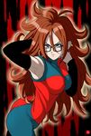  1girl android_21 arm_warmers armpits artist_request ass big_hair black-framed_glasses blue_eyes breasts brown_hair curly_hair dragon_ball dragon_ball_fighterz earring female glasses hand_in_hair hips hoop_earrings long_hair multicolored_clothes multicolored_dress pose solo 