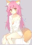  animal_ear_fluff animal_ears blush breasts cleavage collarbone fang fate/grand_order fate_(series) fox_ears fox_tail grey_background highres kanase_(mcbrwn18) large_breasts long_hair looking_at_viewer off_shoulder pink_hair simple_background sitting solo tail tamamo_(fate)_(all) tamamo_cat_(fate) yellow_eyes 