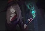  absurdres aoi_ogata artist_name black_hat black_ribbon brown_hair hair_over_one_eye hat hat_ribbon highres holding little_witch_academia long_hair neck_ribbon parted_lips red_eyes red_ribbon ribbon shirt solo standing sucy_manbavaran upper_body white_shirt witch_hat 