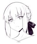  :&lt; artoria_pendragon_(all) bangs boa_(brianoa) braid closed_mouth commentary eyebrows_visible_through_hair fate/stay_night fate_(series) frown greyscale hair_between_eyes hair_bun hair_ribbon looking_at_viewer monochrome nude portrait ribbon saber_alter short_hair sidelocks simple_background solo v-shaped_eyebrows white_background 