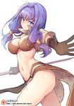  bangs breasts brown_skirt capelet closed_mouth commentary_request eyebrows_visible_through_hair gloves grey_background hair_intakes hair_tubes large_breasts legs_apart long_hair looking_at_viewer mage_(ragnarok_online) midriff navel pelvic_curtain purple_hair ragnarok_online sidelocks simple_background skirt smile solo thighs waero watermark web_address 