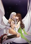  altera_(fate) bracelet brown_eyes brown_hair choker dark_skin dress endlessfalling fate/extella fate/extra fate_(series) holding_hands jewelry kishinami_hakuno_(female) long_hair multiple_girls ribbon sky star_(sky) starry_sky tattoo veil white_dress white_hair yuri 