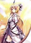  armor armored_dress armpits blonde_hair blue_eyes breasts capelet chain cleavage fate/apocrypha fate/grand_order fate_(series) faulds flag fur_trim gauntlets headpiece highres jeanne_d'arc_(fate) jeanne_d'arc_(fate)_(all) kirin27 large_breasts long_hair looking_at_viewer solo standard_bearer sunlight thighhighs yellow_eyes 