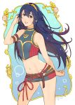  1girl bare_shoulders blue_eyes blue_hair blush fire_emblem fire_emblem:_kakusei fire_emblem_cipher flat_chest highres jivke long_hair looking_at_viewer lucina navel nintendo open_mouth short_shorts shorts smile solo swimsuit thighs tiara 