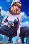  &gt;:) artist_name blonde_hair blue_eyes blue_sky blurry blurry_background bmo breasts breasts_apart cellphone city closed_mouth cloud covered_navel dandon_fuga day dutch_angle gwen_stacy head_tilt holding holding_phone hood hood_up hooded_bodysuit leaning_forward legs_apart looking_at_viewer marvel medium_breasts outdoors phone short_hair skin_tight sky smartphone smile solo spider-gwen spider-man_(series) squatting v-shaped_eyebrows 