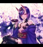  alcohol bare_shoulders bob_cut breasts cherry_blossoms crossed_legs cup fangs fate/grand_order fate_(series) horns japanese_clothes kimono letterboxed looking_at_viewer moe_(hamhamham) oni oni_horns open_mouth purple_eyes purple_hair sakazuki sake short_hair shuten_douji_(fate/grand_order) sitting small_breasts smile solo 