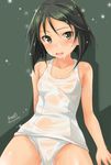  blush breasts fang haruhata_mutsuki kanno_naoe looking_at_viewer one-piece_swimsuit open_mouth school_swimsuit semi-transparent small_breasts swimsuit thighs twitter_username wet wet_clothes wet_swimsuit world_witches_series 